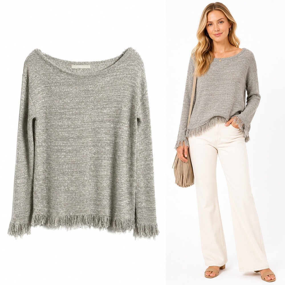 One Grey Day Sweater‎ Womens S Gray Marled Silk Blend Fringe Hem Boho Luxe Knit